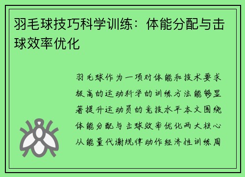 羽毛球技巧科学训练：体能分配与击球效率优化